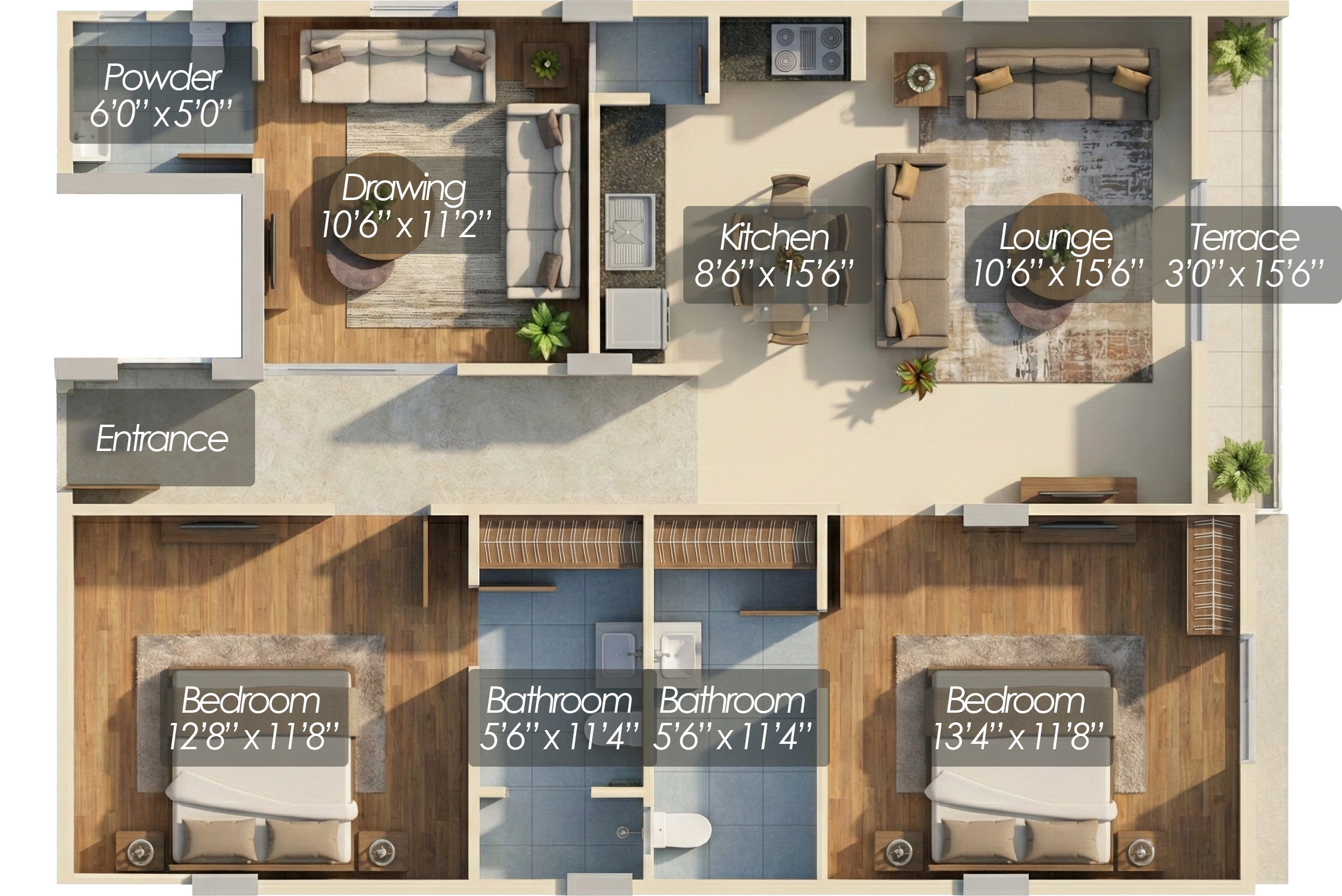 2 Bed / DD apartment floor plan, 1,110 square feet gross