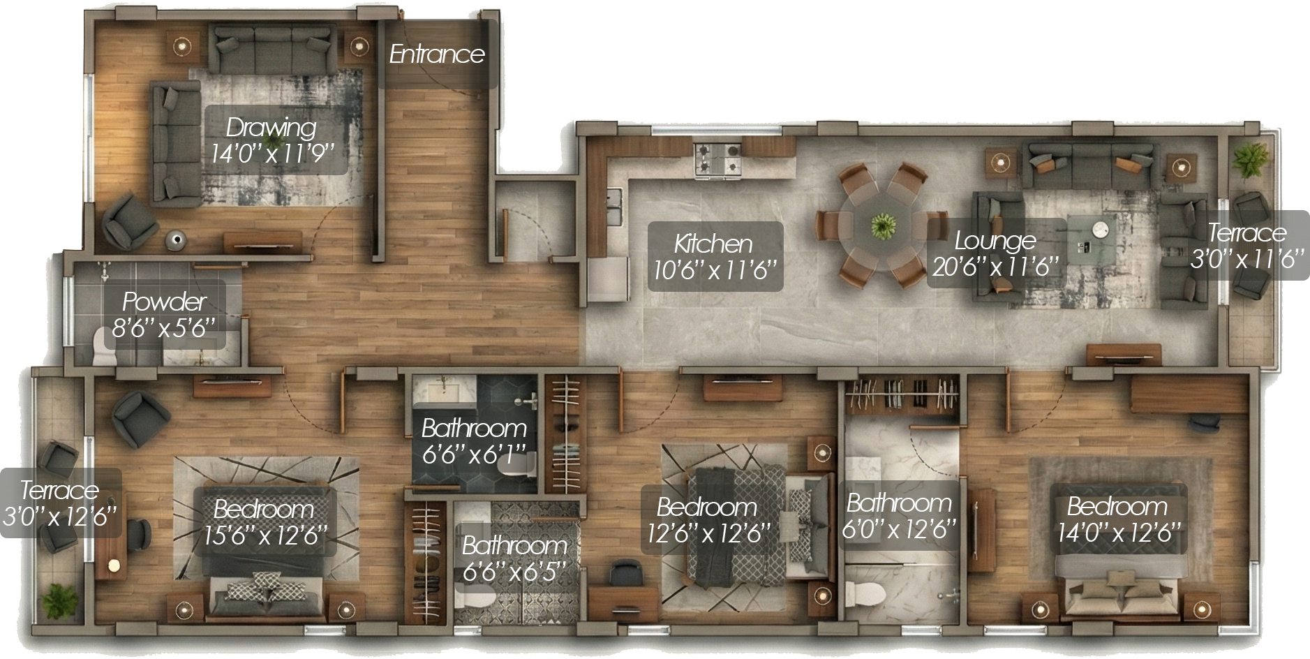 3 Bed / DD apartment floor plan, 1,697 square feet gross