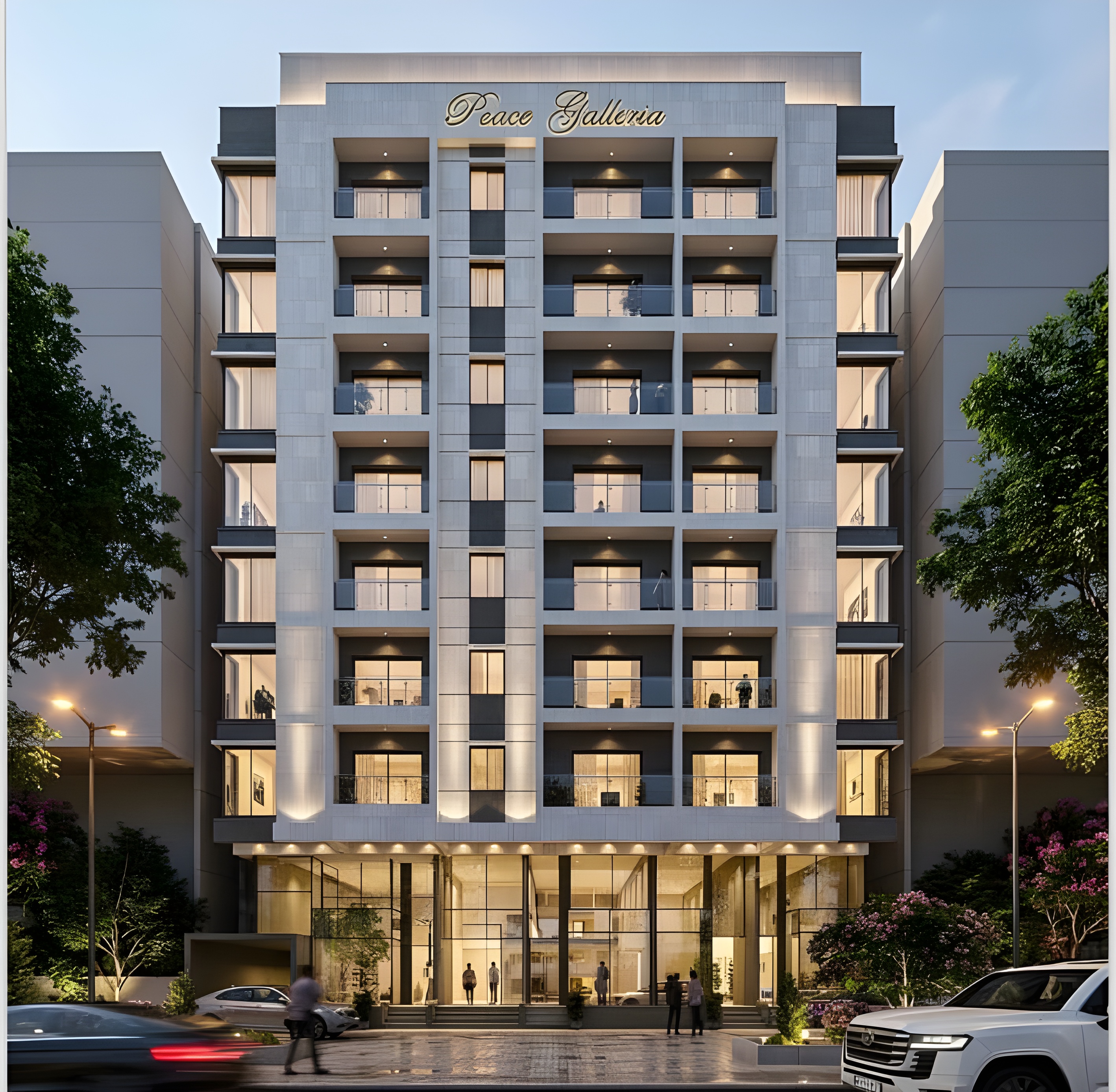 Front elevation of Peace Galleria at dusk